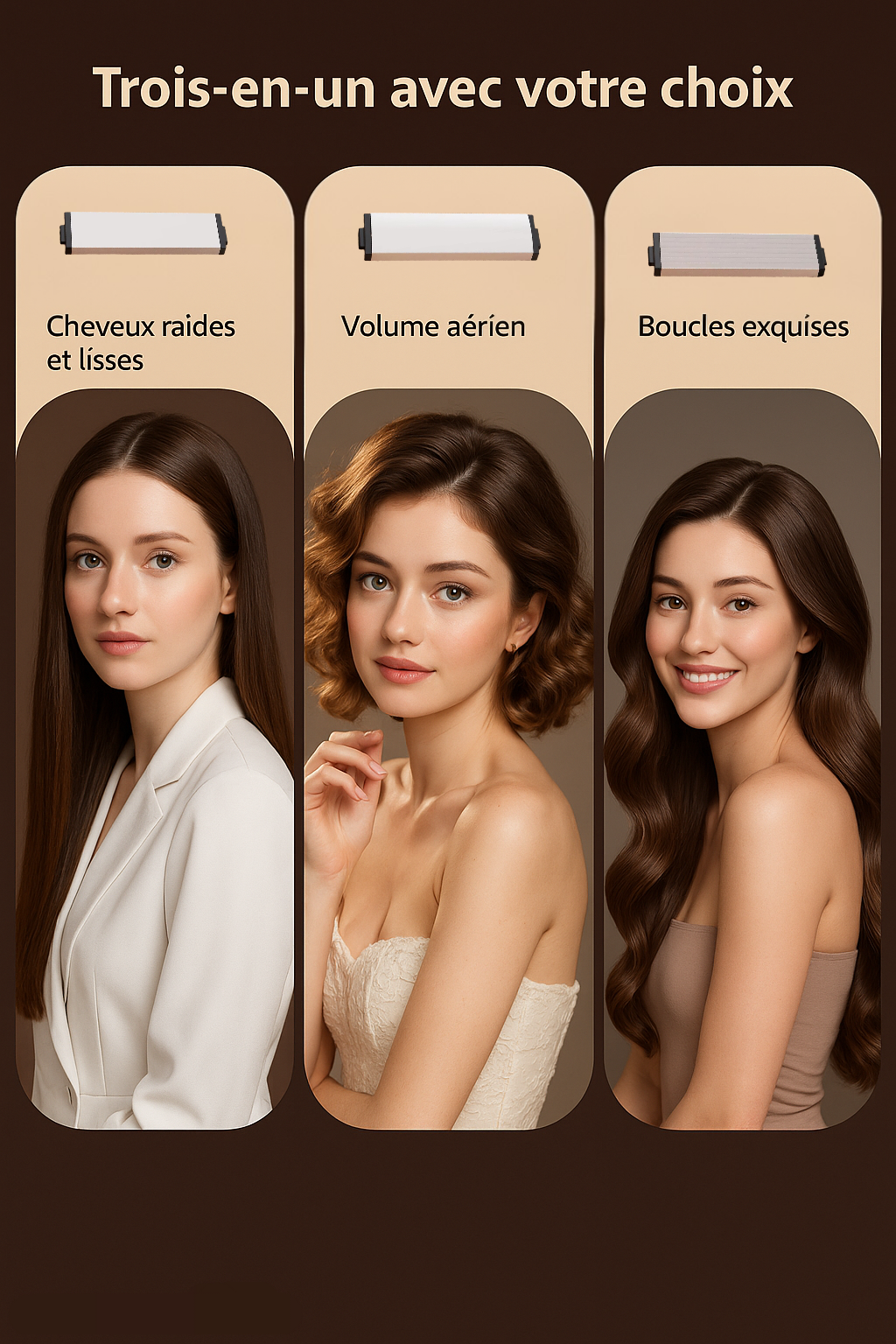Lisseur & Boucleur Sans Fil 3-en-1 avec Têtes Interchangeables