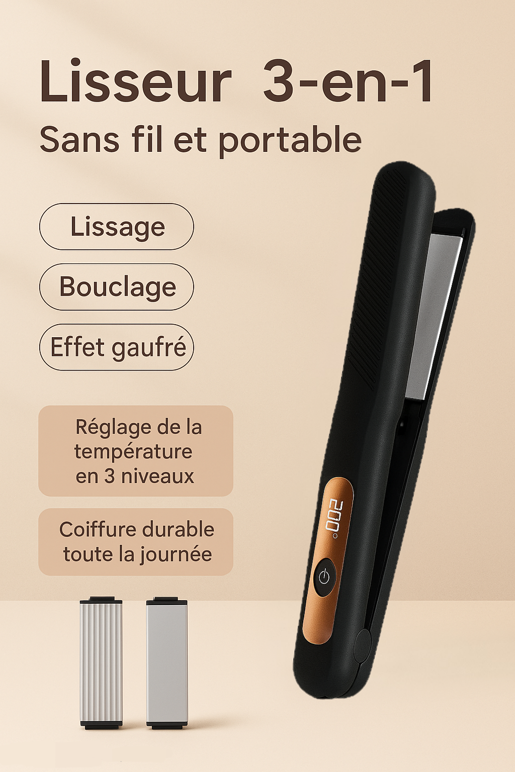 Lisseur & Boucleur Sans Fil 3-en-1 avec Têtes Interchangeables