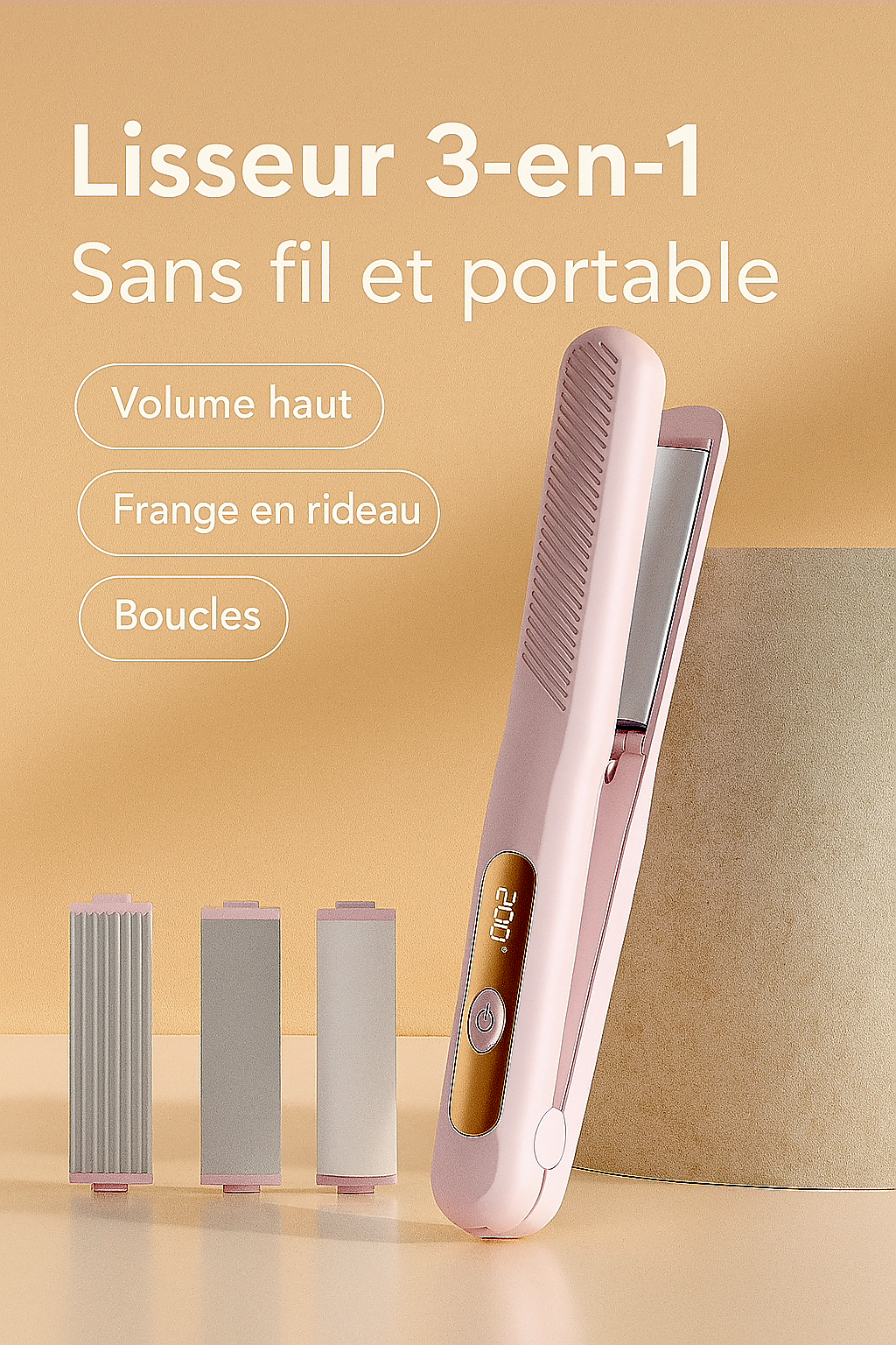 Lisseur & Boucleur Sans Fil 3-en-1 avec Têtes Interchangeables